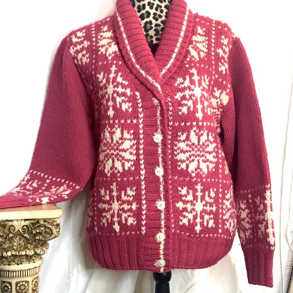 Vintage thick 80s sweater thick warm hot pink boho grammacore grandpa cardigan - Picture 2 of 11